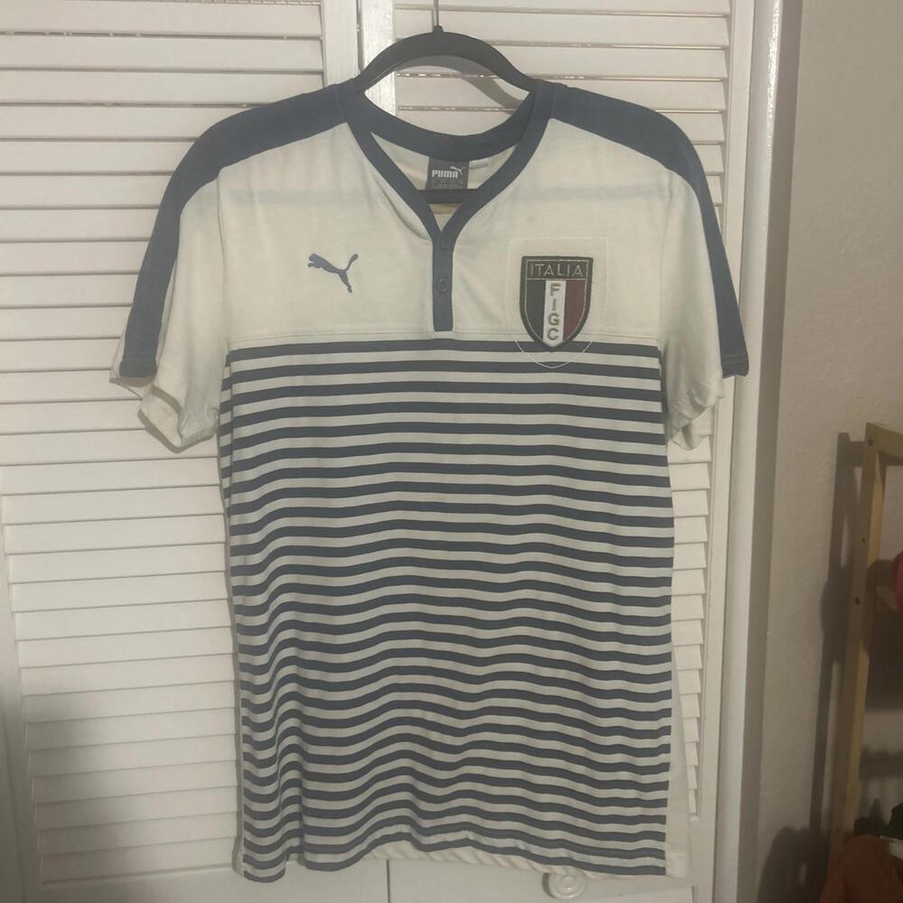 Puma Shirt Mens Large White Striped Short Sleeve Italia FIGC Soccer Henley Italy